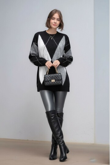 Kadın Uzun Kol Baklava Desen Bisiklet Yaka Tunik Boy Triko Büyük Beden Oversize Kazak Tunik