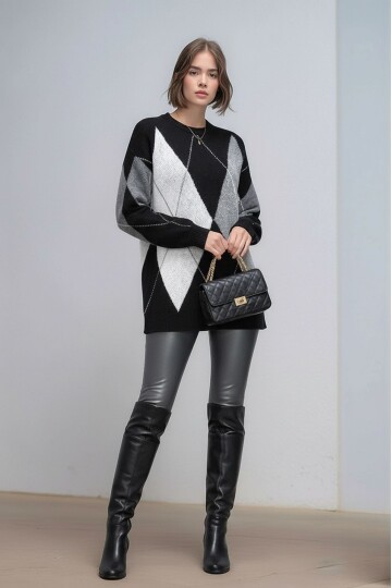 Kadın Uzun Kol Baklava Desen Bisiklet Yaka Tunik Boy Triko Büyük Beden Oversize Kazak Tunik