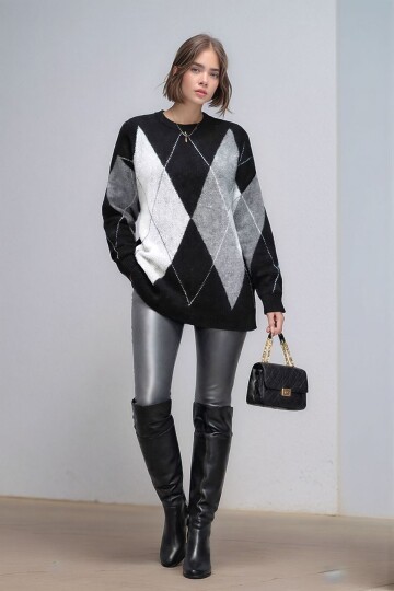 Kadın Uzun Kol Baklava Desen Bisiklet Yaka Tunik Boy Triko Büyük Beden Oversize Kazak Tunik