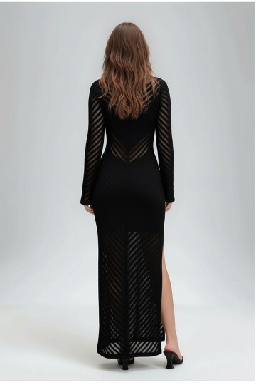 Kadın Uzun Kol Bisiklet Yaka Ajurlu Asimetrik Çan Etek İnce Pamuk Triko Tasarım Yırtmaçlı Elbise