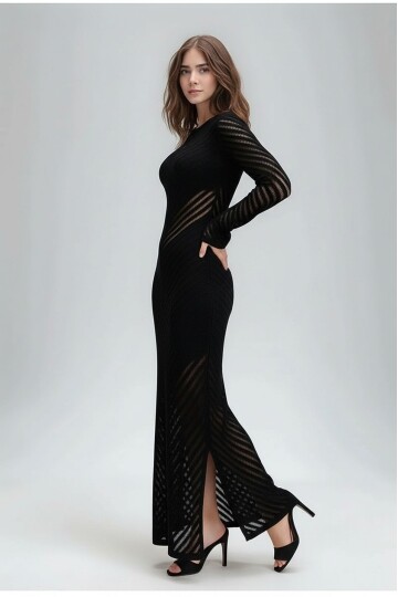 Kadın Uzun Kol Bisiklet Yaka Ajurlu Asimetrik Çan Etek İnce Pamuk Triko Tasarım Yırtmaçlı Elbise