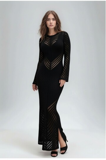 Kadın Uzun Kol Bisiklet Yaka Ajurlu Asimetrik Çan Etek İnce Pamuk Triko Tasarım Yırtmaçlı Elbise