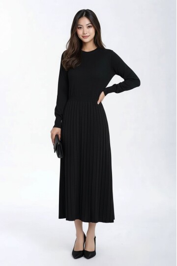 Kadın Uzun Kol Bisiklet Yaka Belden Asimetrik Etek Triko Spor Şık Elbise