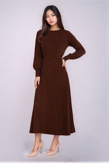 Kadın Uzun Kol Bisiklet Yaka Belden Asimetrik Etek Triko Spor Şık Elbise