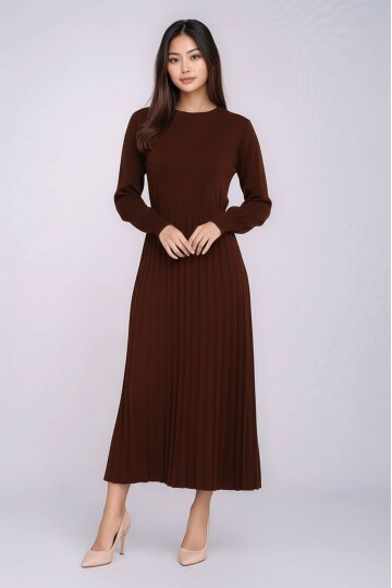 Kadın Uzun Kol Bisiklet Yaka Belden Asimetrik Etek Triko Spor Şık Elbise