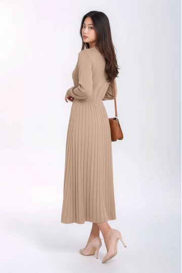 Kadın Uzun Kol Bisiklet Yaka Belden Asimetrik Etek Triko Spor Şık Elbise