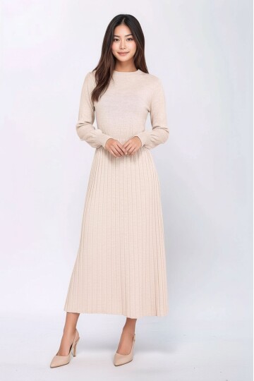 Kadın Uzun Kol Bisiklet Yaka Belden Asimetrik Etek Triko Spor Şık Elbise