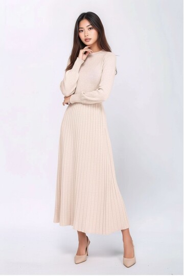 Kadın Uzun Kol Bisiklet Yaka Belden Asimetrik Etek Triko Spor Şık Elbise