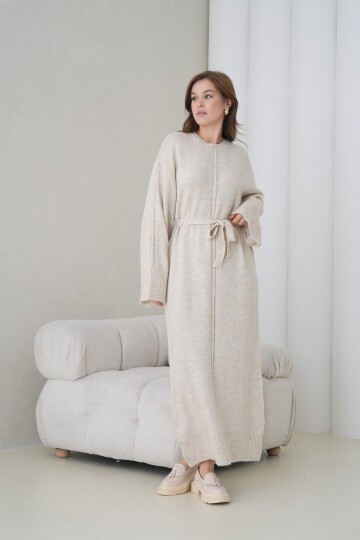 Kadın Uzun Kol Bisiklet Yaka Tesettüre Uygun Dokulu Kuşaklı Triko Spor Şık Maxi Boy Uzun Elbise