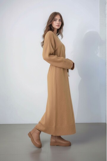 Kadın Uzun Kol Bisiklet Yaka Tesettüre Uygun Dokulu Kuşaklı Triko Spor Şık Maxi Boy Uzun Elbise