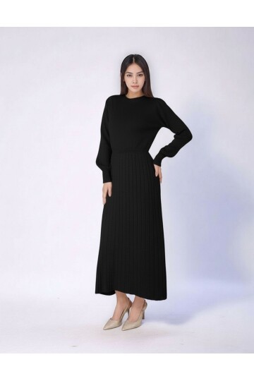 Kadın Uzun Kol Bisiklet Yaka Triko Belden Asimetrik Etek Triko Spor Şık Elbise