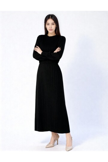 Kadın Uzun Kol Bisiklet Yaka Triko Belden Asimetrik Etek Triko Spor Şık Elbise