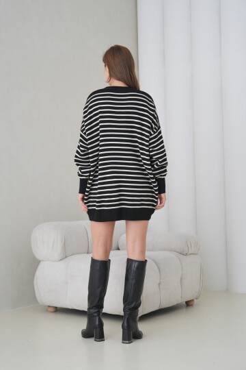 Kadın Uzun Kol Bisiklet Yaka Tunik Boy Çizgili Oversize Şık Kışlık Triko Kazak Elbise