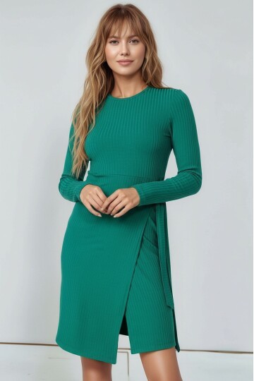 Kadın Uzun Kol Yırtmaçlı Şık Spor Kaşkorse Büyük Beden Esnek Curve Elbise