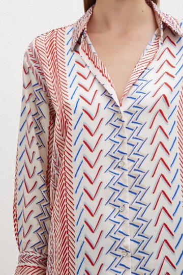 Kadın Uzun Kol Geometrik Desenli Renkli Pamuk Saten Premium Kalite Spor Şık Gömlek