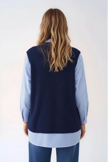 Kadın Uzun Kol Gömlek Yaka İçi Gömlekli Triko Yelekli Spor Şık Gömlek Kazak