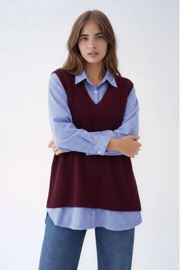 Kadın Uzun Kol Gömlek Yaka İçi Gömlekli Triko Yelekli Spor Şık Gömlek Kazak