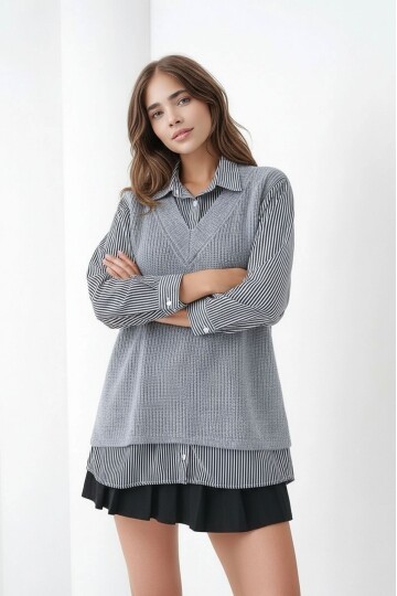 Kadın Uzun Kol Gömlek Yaka İçi Gömlekli Triko Yelekli Spor Şık Gömlek Kazak