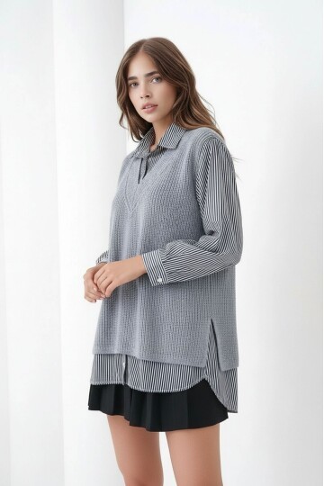 Kadın Uzun Kol Gömlek Yaka İçi Gömlekli Triko Yelekli Spor Şık Gömlek Kazak