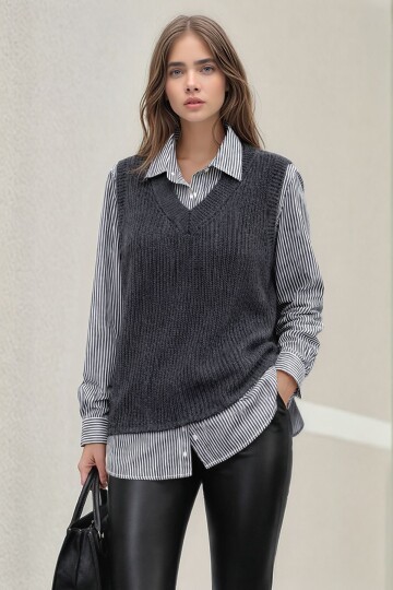 Kadın Uzun Kol Gömlek Yaka İçi Gömlekli Triko Yelekli Spor Şık Gömlek Kazak