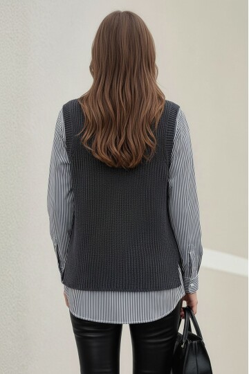 Kadın Uzun Kol Gömlek Yaka İçi Gömlekli Triko Yelekli Spor Şık Gömlek Kazak