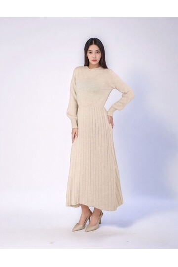 Kadın Uzun Kol Bisiklet Yaka Triko Belden Asimetrik Etek Triko Spor Şık Elbise