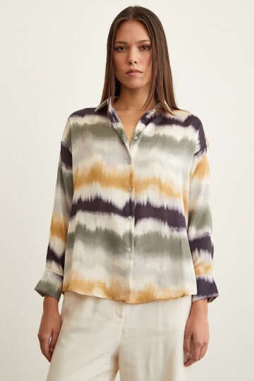 Kadın Uzun Kol Sulu Boya Desenli Renkli Pamuk Saten Premium Kalite Spor Şık Gömlek