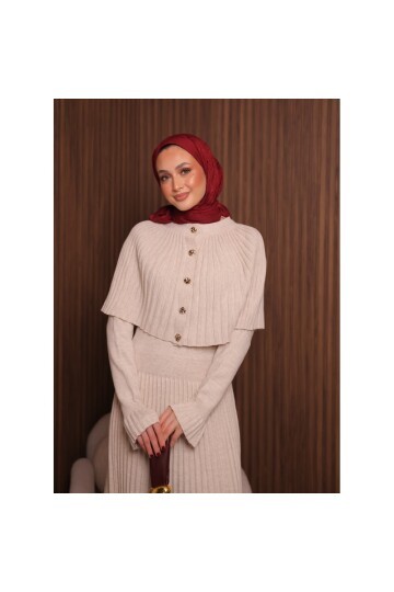 Kadın Uzun Kol Tasarım Şal Yaka Tesettüre Uygun Panço Düğme Detay Triko Şık Maxi Boy Uzun Elbise