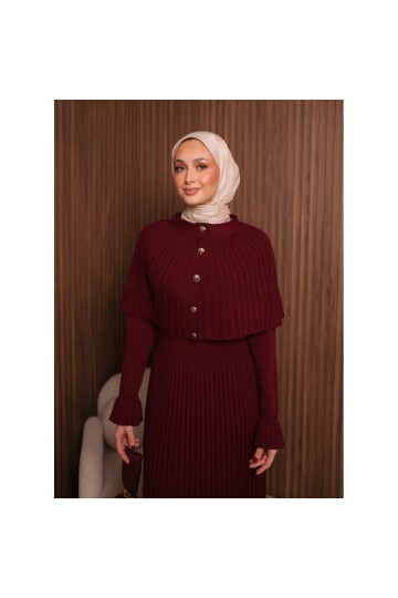 Kadın Uzun Kol Tasarım Şal Yaka Tesettüre Uygun Panço Düğme Detay Triko Şık Maxi Boy Uzun Elbise