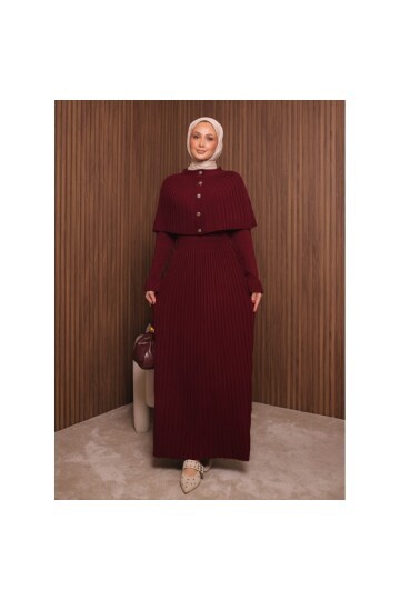 Kadın Uzun Kol Tasarım Şal Yaka Tesettüre Uygun Panço Düğme Detay Triko Şık Maxi Boy Uzun Elbise
