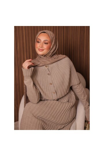 Kadın Uzun Kol Tasarım Şal Yaka Tesettüre Uygun Panço Düğme Detay Triko Şık Maxi Boy Uzun Elbise