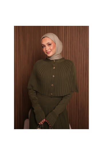 Kadın Uzun Kol Tasarım Şal Yaka Tesettüre Uygun Panço Düğme Detay Triko Şık Maxi Boy Uzun Elbise