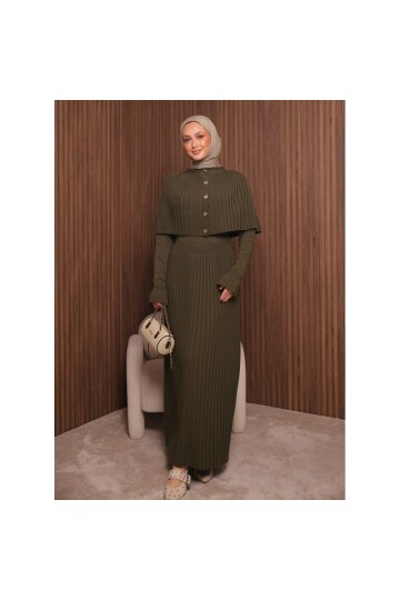 Kadın Uzun Kol Tasarım Şal Yaka Tesettüre Uygun Panço Düğme Detay Triko Şık Maxi Boy Uzun Elbise