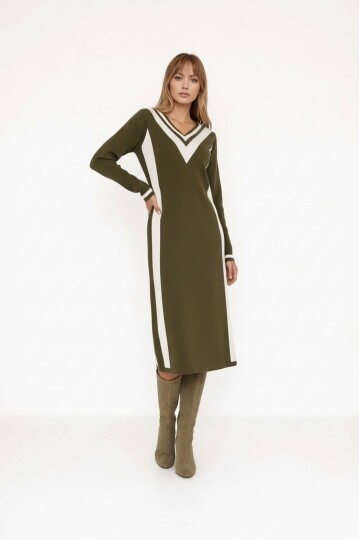 Kadın Uzun Kol V Yaka Yan Şerit Renkli Triko Spor Şık Tesettüre Uygun Kışlık Elbise