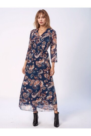 Kadın V Yaka  Astarlı Uzun Truvakar Kol Çiçekli Tül Şık Maxi Boy Elbise