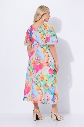 Kadın V Yaka Belden Oturmalı Çiçekli Şık Abiye Curve Büyük Beden Gece Elbise