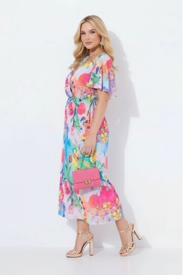 Kadın V Yaka Belden Oturmalı Çiçekli Şık Abiye Curve Büyük Beden Gece Elbise