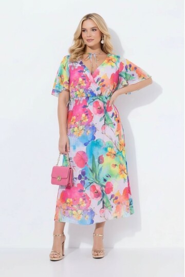 Kadın V Yaka Belden Oturmalı Çiçekli Şık Abiye Curve Büyük Beden Gece Elbise