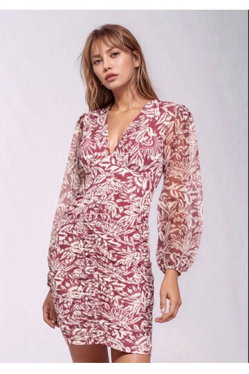 Kadın V Yaka Bordo Krem Desenli Kolu Şifon Eteği Büzgülü Mini Boy Şık Abiye Elbise