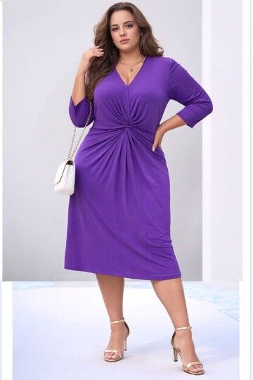 Kadın V Yaka Büyük Beden Önden Düğümlü  Asimetrik Kesim Truvakar Kol Şık Curve Abiye Elbise
