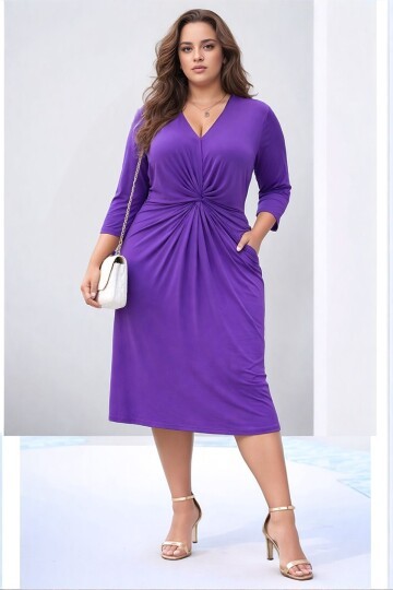 Kadın V Yaka Büyük Beden Önden Düğümlü  Asimetrik Kesim Truvakar Kol Şık Curve Abiye Elbise