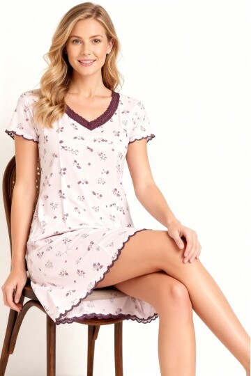 Kadın V Yaka Dantel Detay Yarım Kol Çiçek Desenli Yazlık Pamuk Yumuşak Curve Gecelik