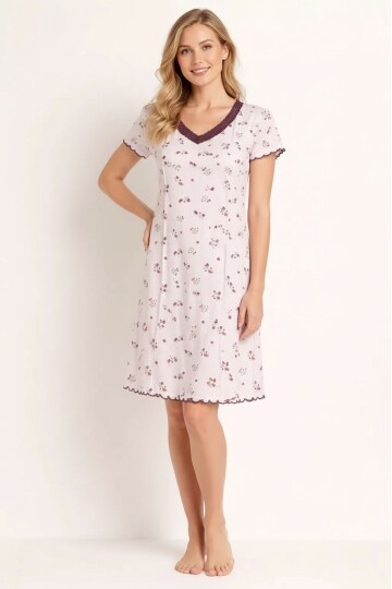 Kadın V Yaka Dantel Detay Yarım Kol Çiçek Desenli Yazlık Pamuk Yumuşak Curve Gecelik