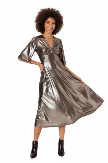 Kadın V Yaka Detay Asimetrik Kol Ve Etek Şık Parlak Curve Abiye Gece Elbisesi