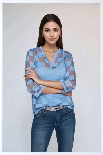 Kadın V Yaka Kare Desenli Şifon Truvakar Kol Astarlı Tasarım Şık Büyük Beden Curve Bluz