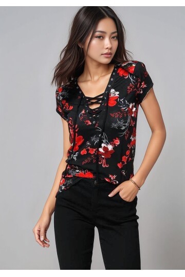 Kadın  V Yaka Kuş Gözü Bağcıklı Tasarım Yarım Kol Spor Şık Curve Viskon Bluz