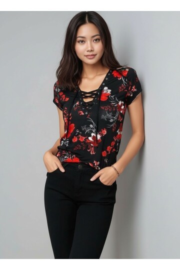 Kadın  V Yaka Kuş Gözü Bağcıklı Tasarım Yarım Kol Spor Şık Curve Viskon Bluz