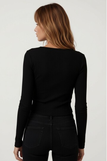 Kadın V Yaka Önden Düğmeli Uzun Kol Fitilli Crop Boy Spor Şık Ceket