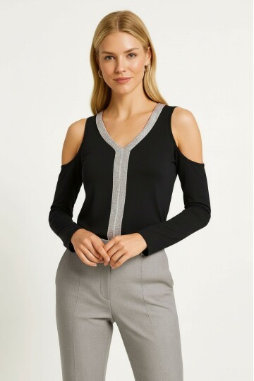 Kadın V Yaka Önden Parıltılı Şeritli Omzu Açık uzun Kol Viskon Spor Şık Büyük Beden Curve Bluz