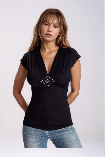 Kadın V Yaka Önü Taşlı Spor Şık Gece Gündüz Siyah Basic Bluz